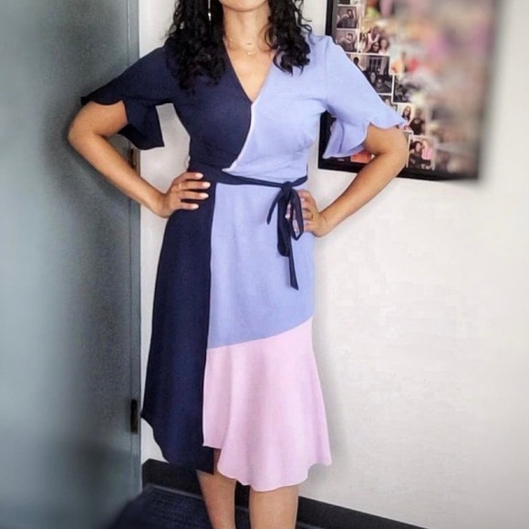Hutch Pastel Colorblock Faux Wrap Midi Dress Blue Size 2 Mother's Day Wedding - Picture 12 of 12